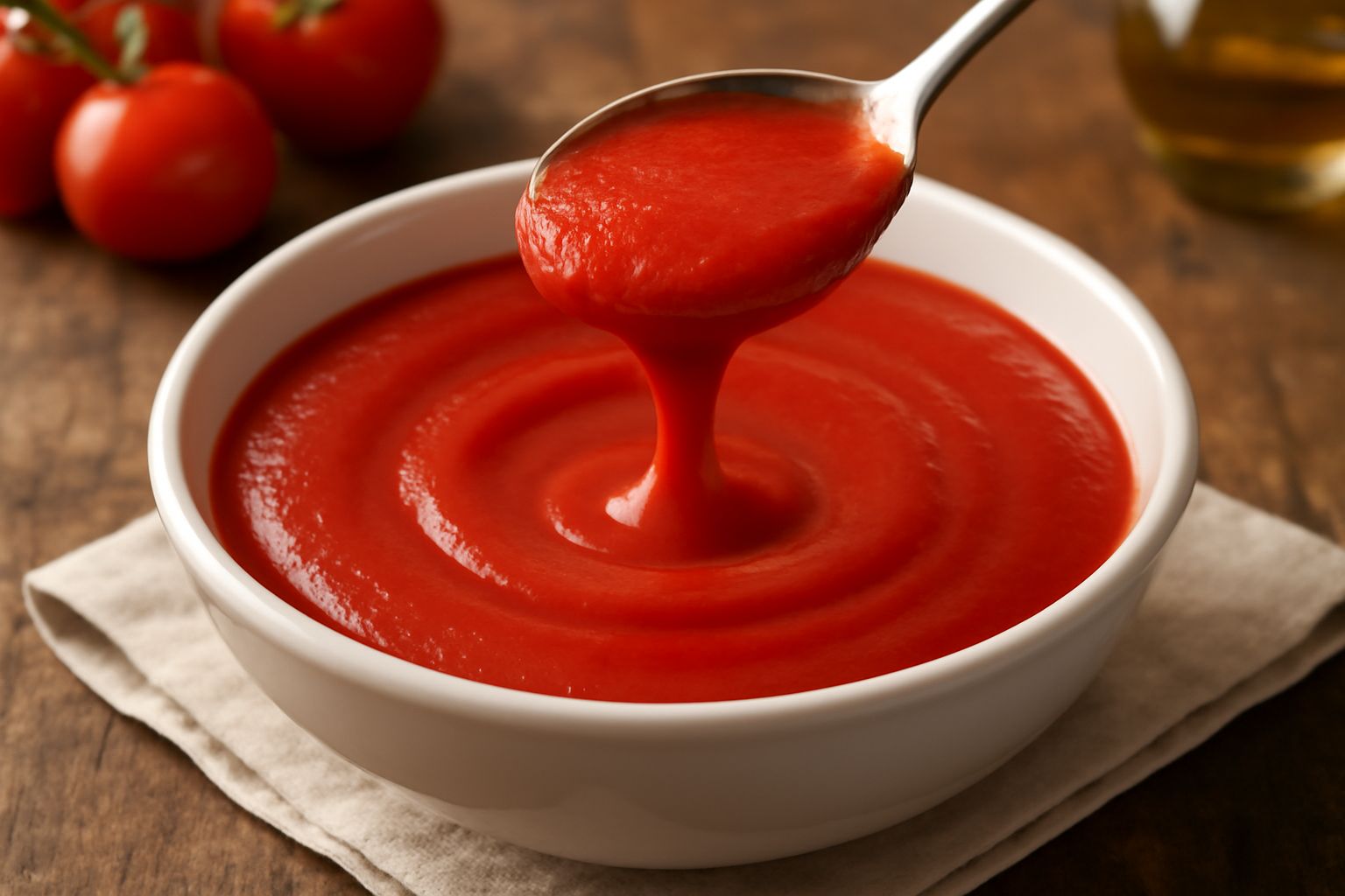 Una ciotola di vetro colma di passata di pomodoro densa e liscia, di colore rosso vivace, circondata da pomodori freschi rossi interi e dimezzati su un piano di lavoro bianco