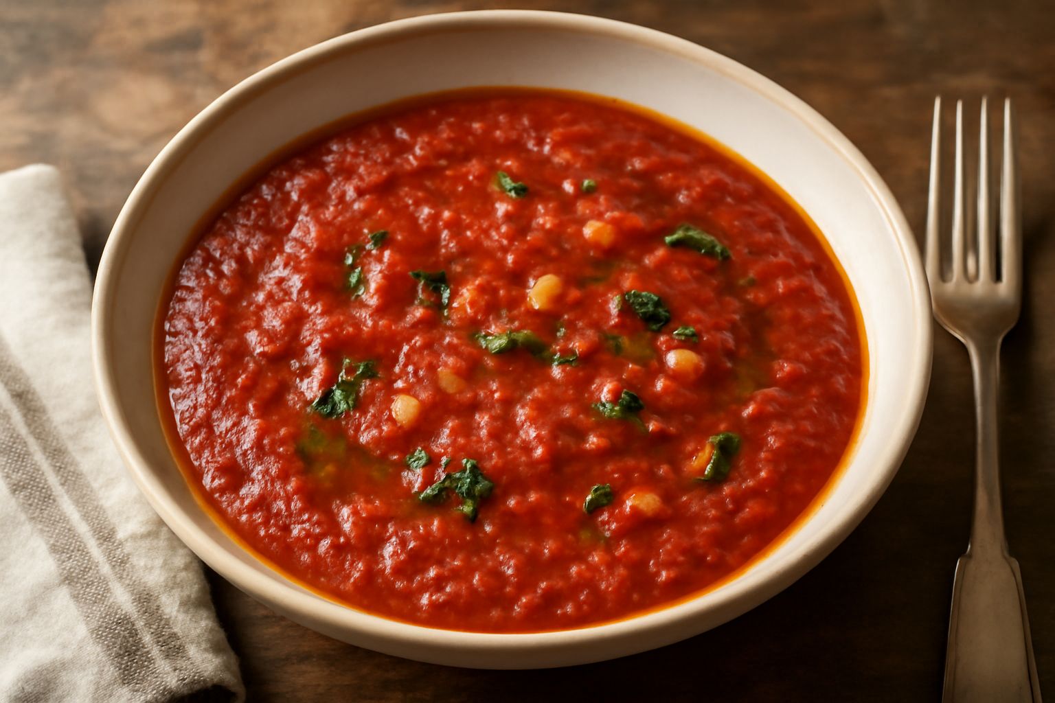 Barattolo di passata di pomodoro trapanese con colore rosso scuro, con foglie di basilico fresco appoggiate vicino e un cucchiaio in legno immerso nella conserva su tavolo di legno naturale