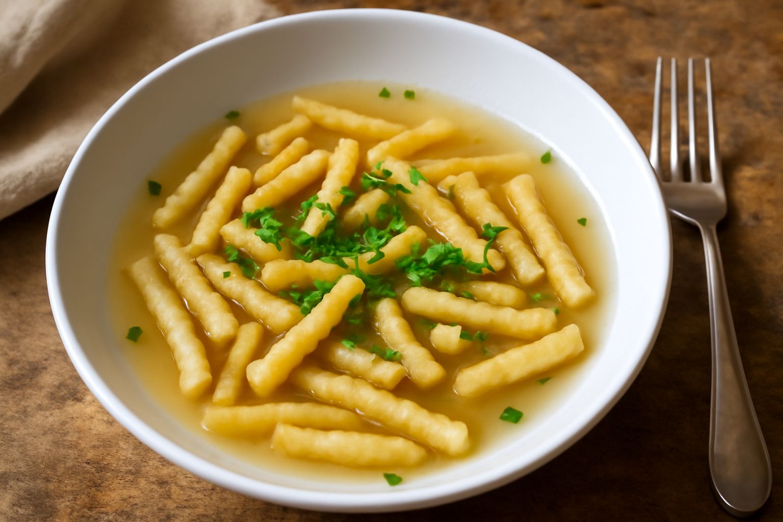 Ciotola di porcellana bianca con passatelli di pesce appena cotti immersi in brodo trasparente, guarniti con prezzemolo fresco tritato e una goccia di olio extravergine d'oliva, su sfondo grigio