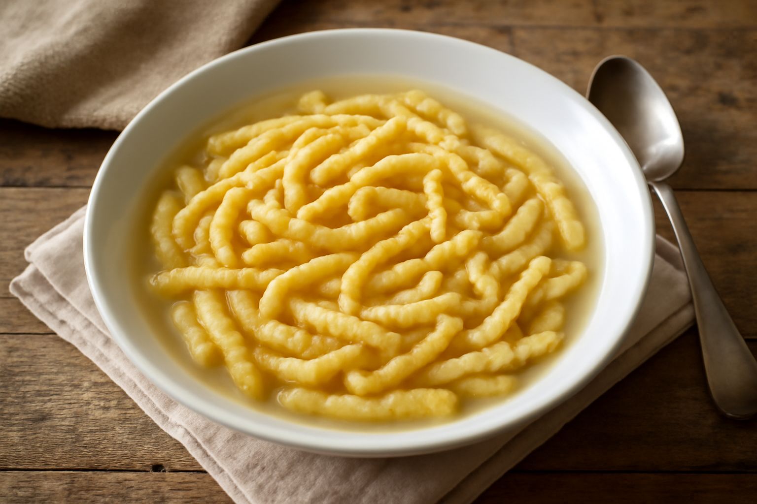 Passatelli in brodo in una ciotola bianca: filamenti gialli e morbidi immersi in brodo trasparente dorato, con una leggera guarnizione di prezzemolo fresco sulla superficie