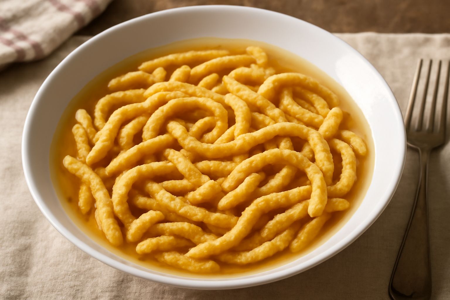 Passatelli dorati in una ciotola di brodo fumante, con gocce di brodo attorno, guarniti con un filo di olio e qualche foglia di prezzemolo fresco