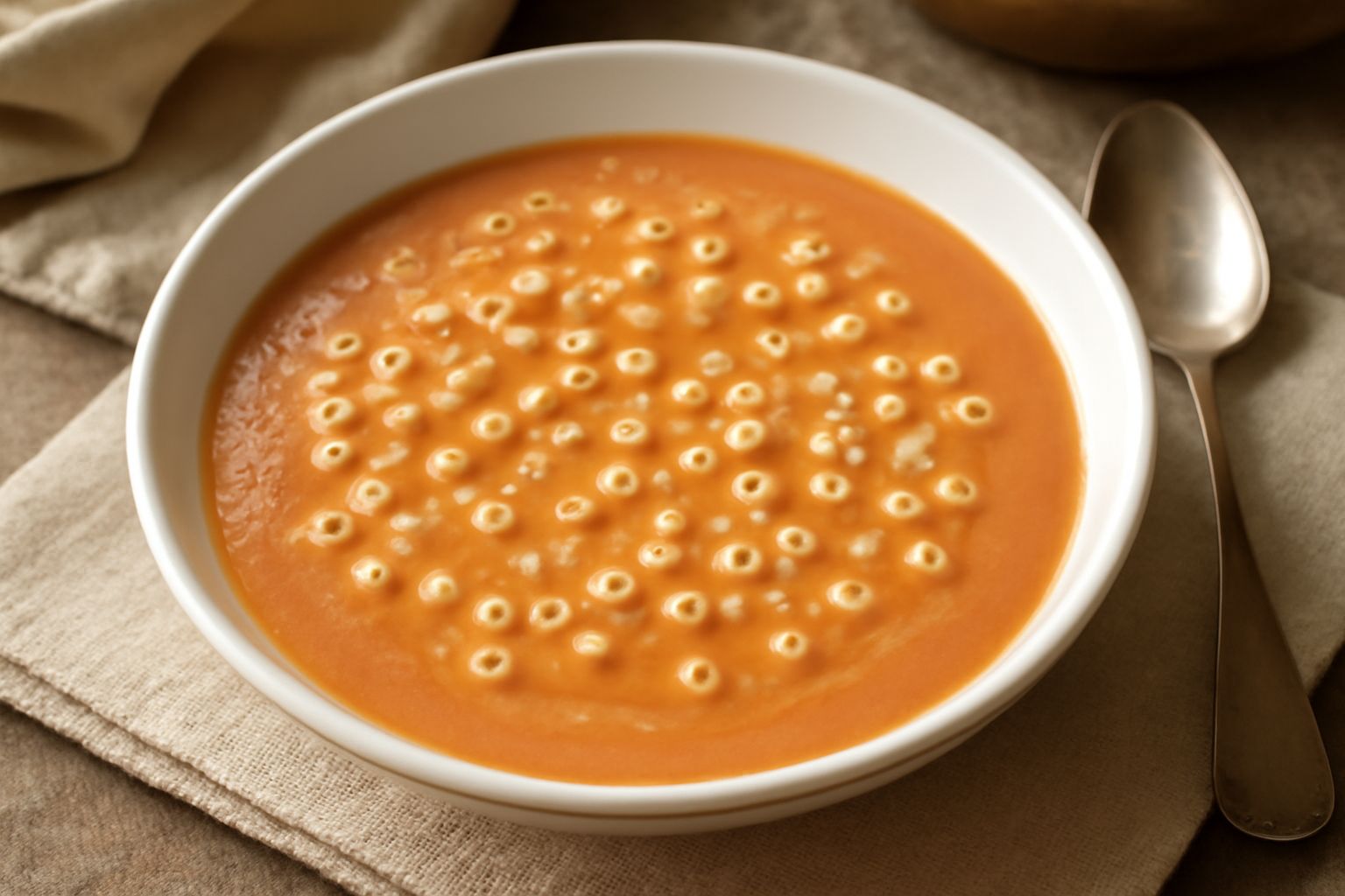 Ciotola bianca con passato di verdure cremoso di colore arancio rosato, con piccola pasta disseminata in superficie e leggero filo di olio d'oliva dorato, contorno di pane tostato