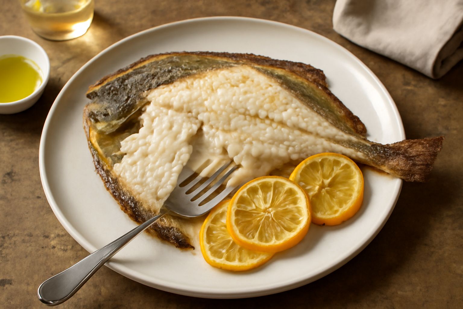 Passera dorata al forno adagiata su carta da forno con fette di limone, prezzemolo fresco, sale marino e un filo di olio extravergine visibile