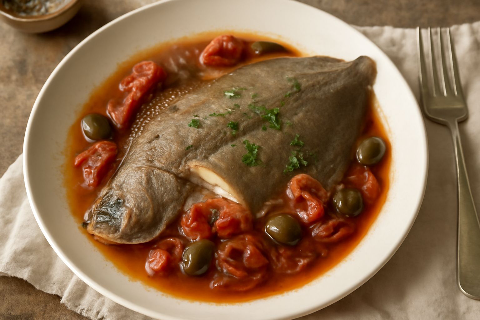 Un piatto fondo in ceramica bianca con una passera intera cotta in umido, circondata da pomodori morbidi, olive verdi e pezzi di cipolla dorata, bagno rosso scuro, prezzemolo fresco verde spolverato s