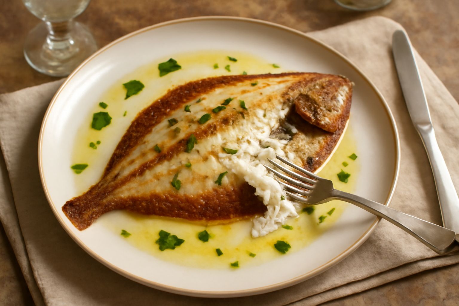 Passera di mare intera, dorata e croccante in superficie, disposta su un piatto bianco con fette di limone, prezzemolo fresco e olio d'oliva versato accanto