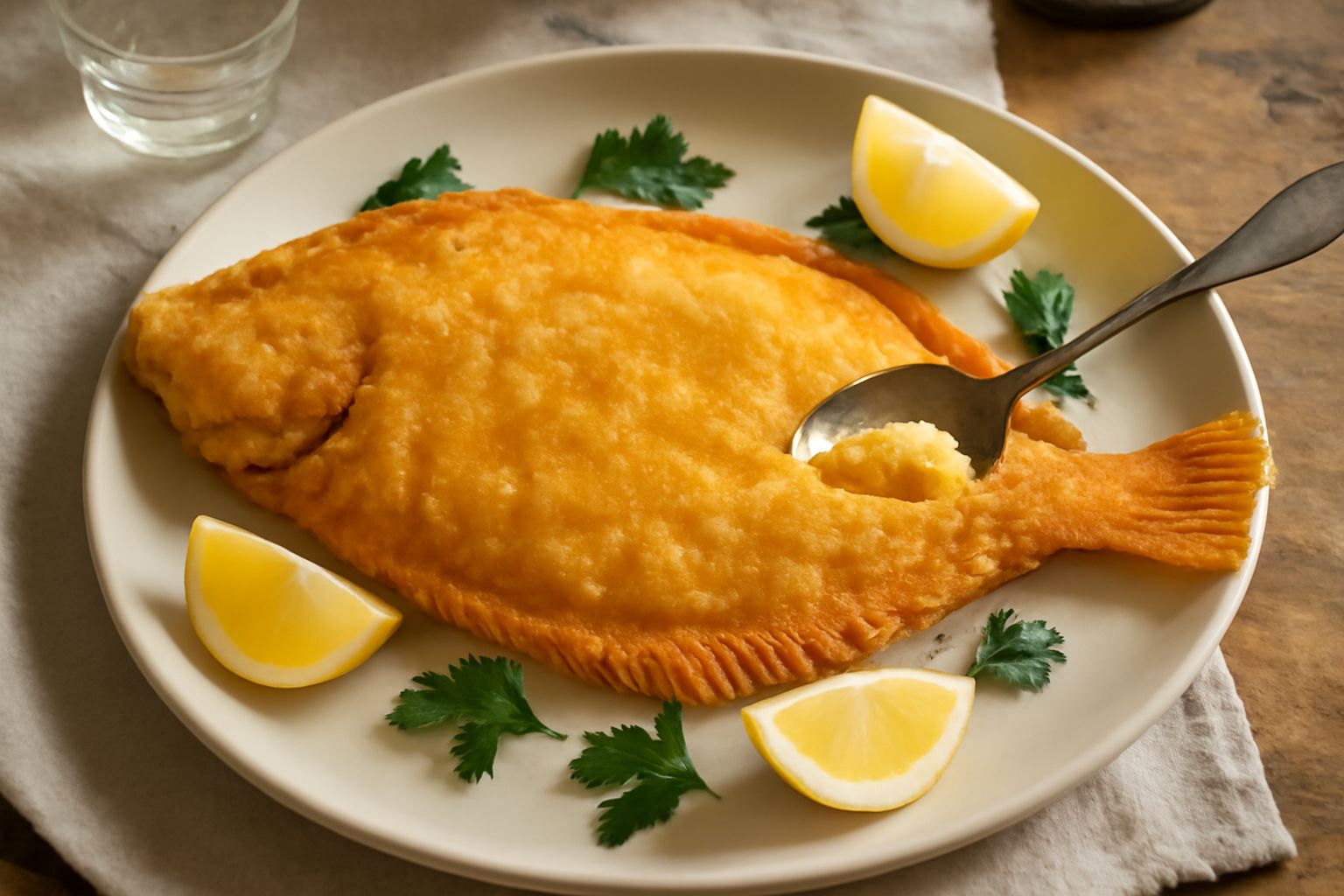 Tre passere fritte dorate disposte su un piatto bianco con limone a spicchi e prezzemolo fresco, bordo croccante color oro, corpo del pesce visibile sotto la pastella leggera