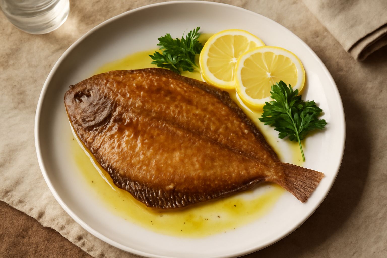 Passera intera cotta in padella, dorata su entrambi i lati, guarnita con fettine di limone fresco e prezzemolo verde sminuzzato, servita in piatto bianco con contorno di verdure al vapore