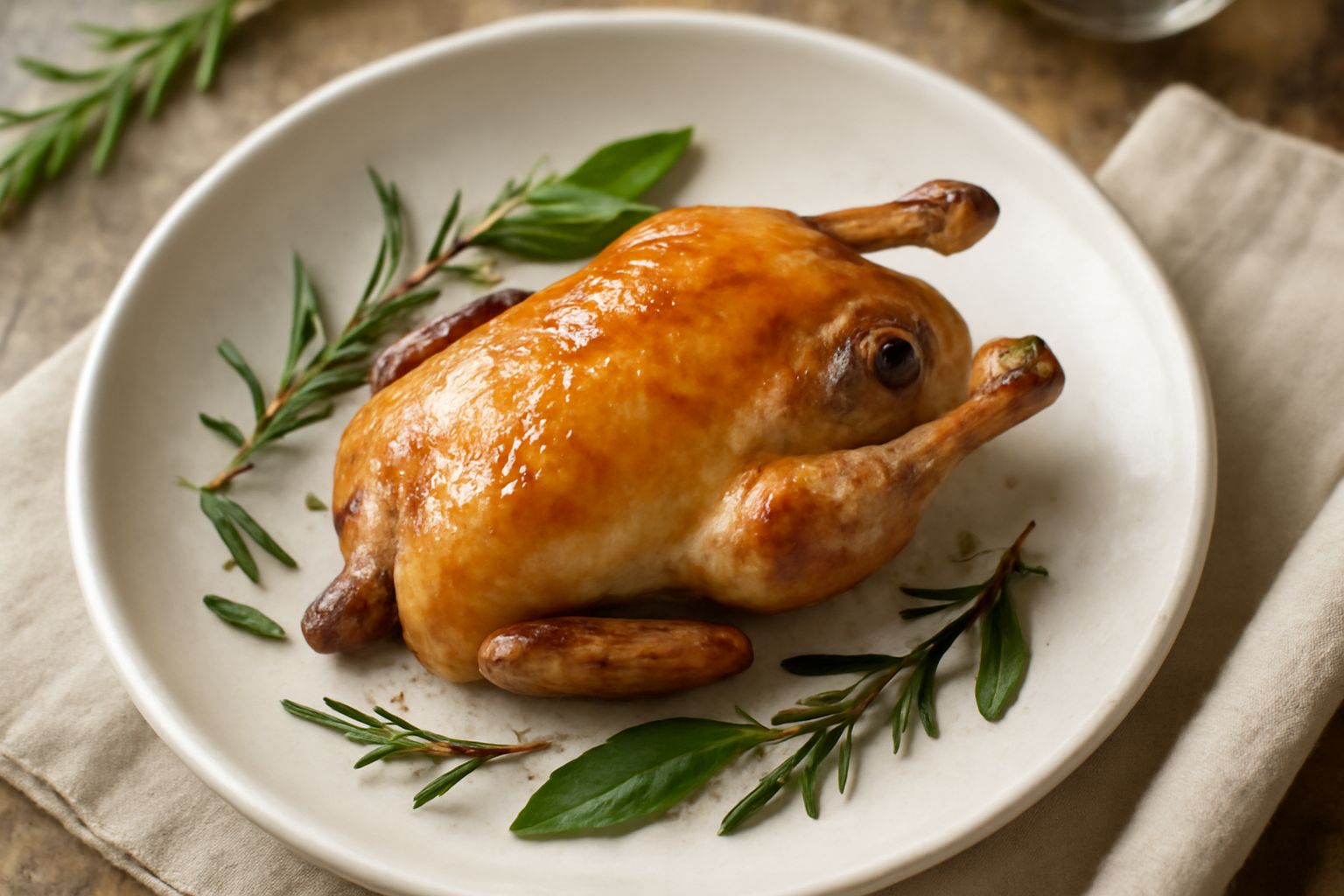 Passerina arrosto intera su un piatto bianco, pelle dorata e croccante, contornata da roselline di patate e salvia verde, vapore ancora visibile sulla pelle del volatile