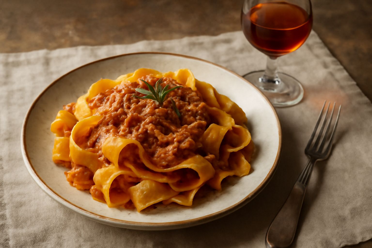 Bicchiere di passito calabrese dal colore dorato ambrato, con riflessi limpidi, su tavolo di legno accanto a grappoli d'uva rossa appassita e una bottiglia di vetro scuro