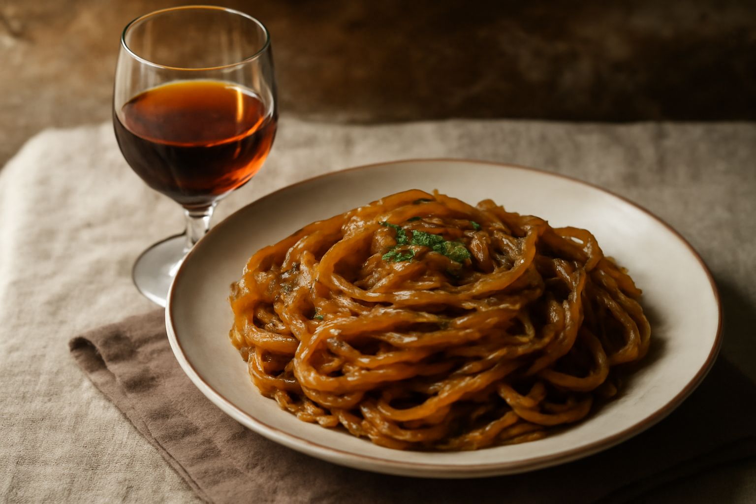 Bicchiere di passito di Marsala dal colore ambrato dorato, riempito a metà, con acini d'uva appassiti su una stuoia di paglia sullo sfondo e bottiglie scure di Marsala