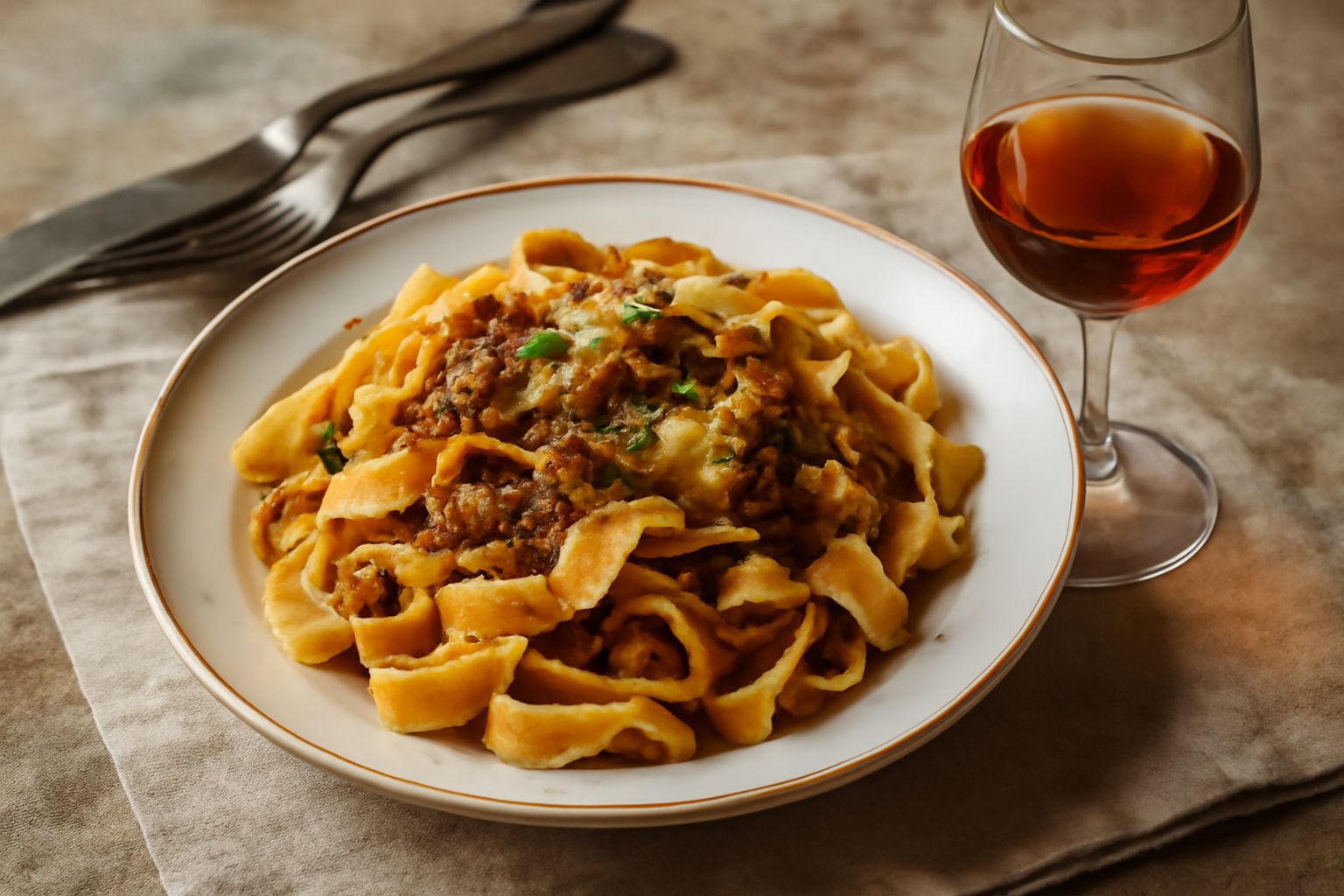 Calice di vetro con vino passito color ambrato, accanto a grappoli d'uva disidratati e una bottiglia di vino scuro, su sfondo di pietra toscana
