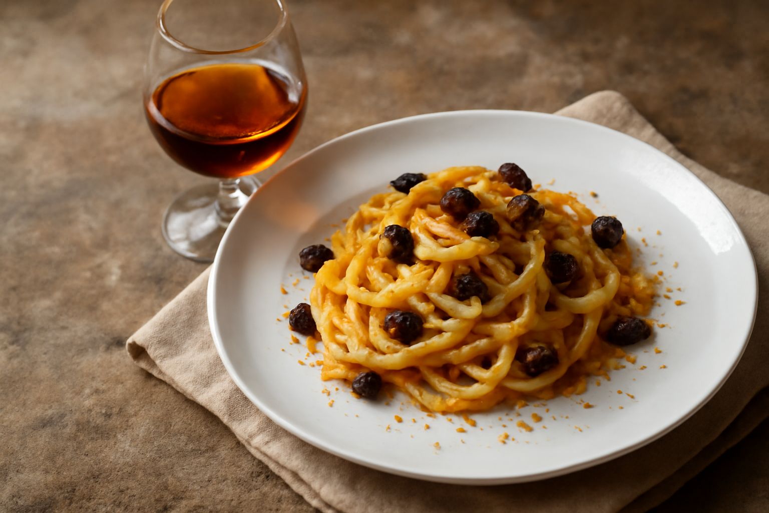 Bicchiere snifter di Passito di Pantelleria color ambra dorato, tenuto in mano su sfondo bianco, con riflessi di luce che mostrano la trasparenza del vino dolce
