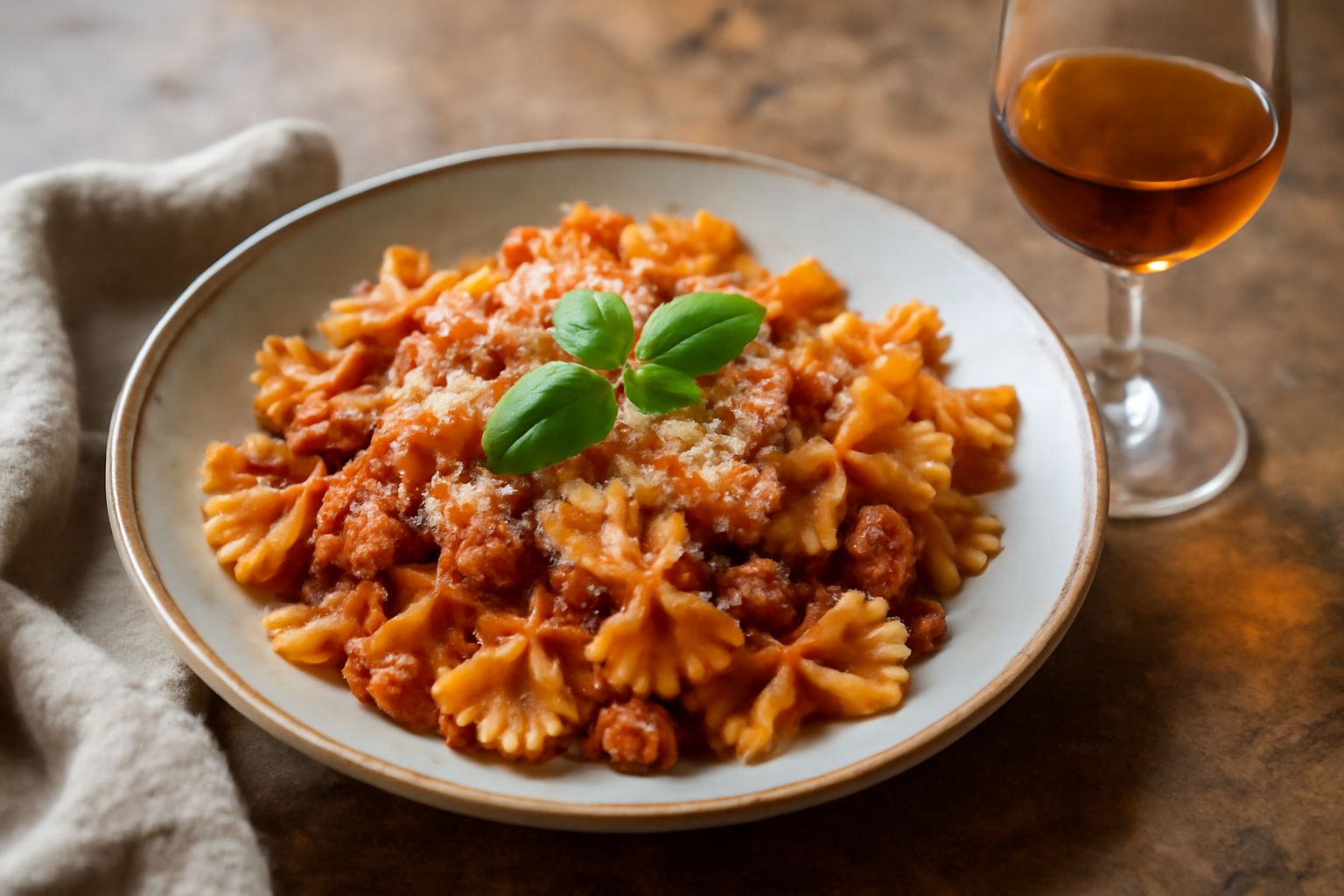 Bicchiere di vino dolce color ambra con riflessi dorati, servito a temperatura fresca su tavolo in legno chiaro, accanto a nocciole e uva passa, con bottiglia di Passito sullo sfondo sfocato