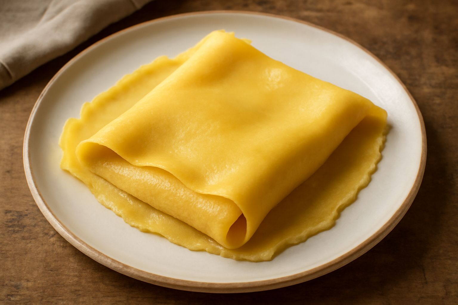Sfoglia di pasta giallo-oro stesa su un tavolo di marmo bianco, con matterello accanto, farina sparsa intorno, sfoglia trasparente ai bordi, superficie liscia e compatta