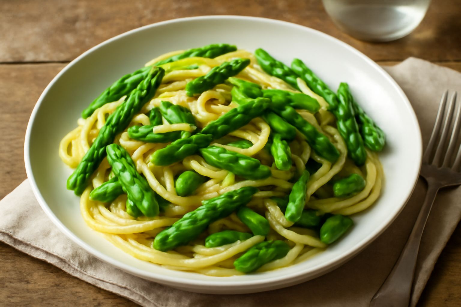 Piatto di pasta lunga con asparagi verdi teneri, condita con olio e grana, grani di pepe nero visibili, su fondo bianco