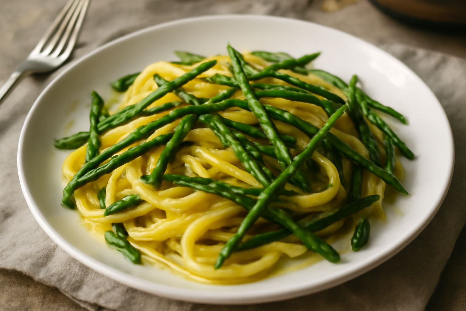 Un piatto di pasta bianca con asparagi verdi interi distribuiti sopra e intorno, granello di pepe nero visibile, olio che brilla sulla superficie, servito su piatto bianco con bordo sottile