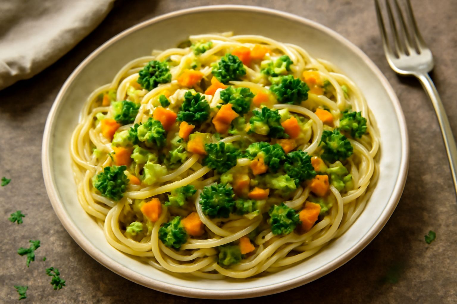 Un piatto bianco con pasta penne condita con verdure tagliate a dadini di colore verde, arancione e giallo, olio d'oliva lucido in superficie, prezzemolo fresco verde sopra, fondo grigio chiaro