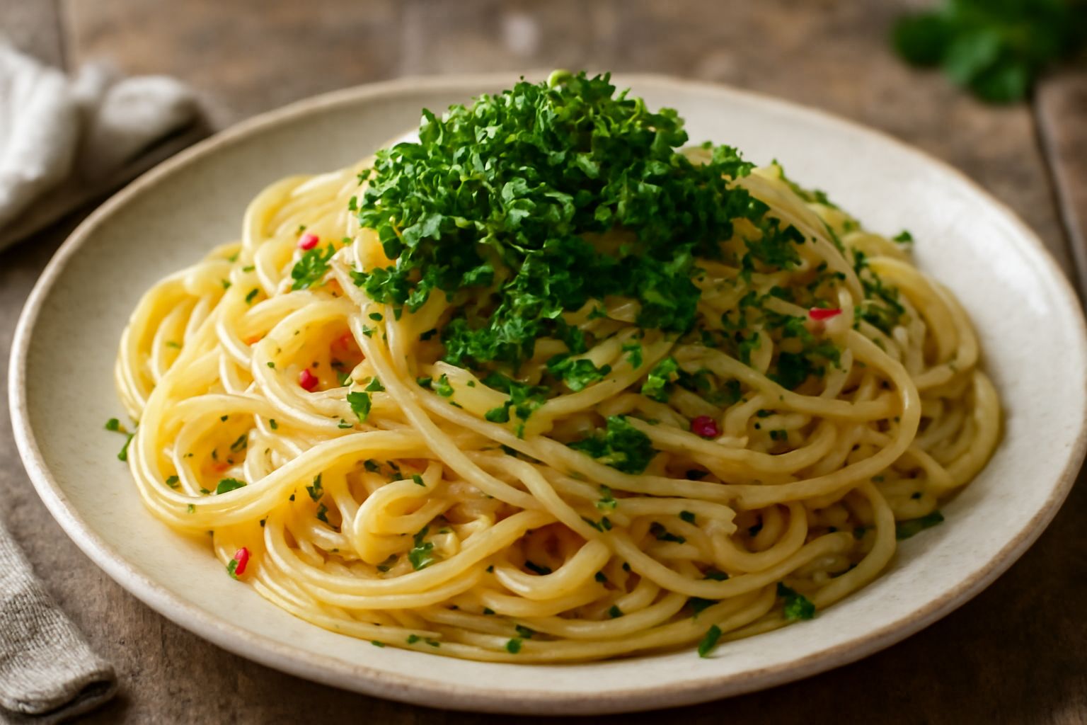 Piatto bianco con pasta spaghetti al dente, leggermente lucida, con aglio dorato e prezzemolo fresco, vapore che sale, forchetta poggiata sul bordo