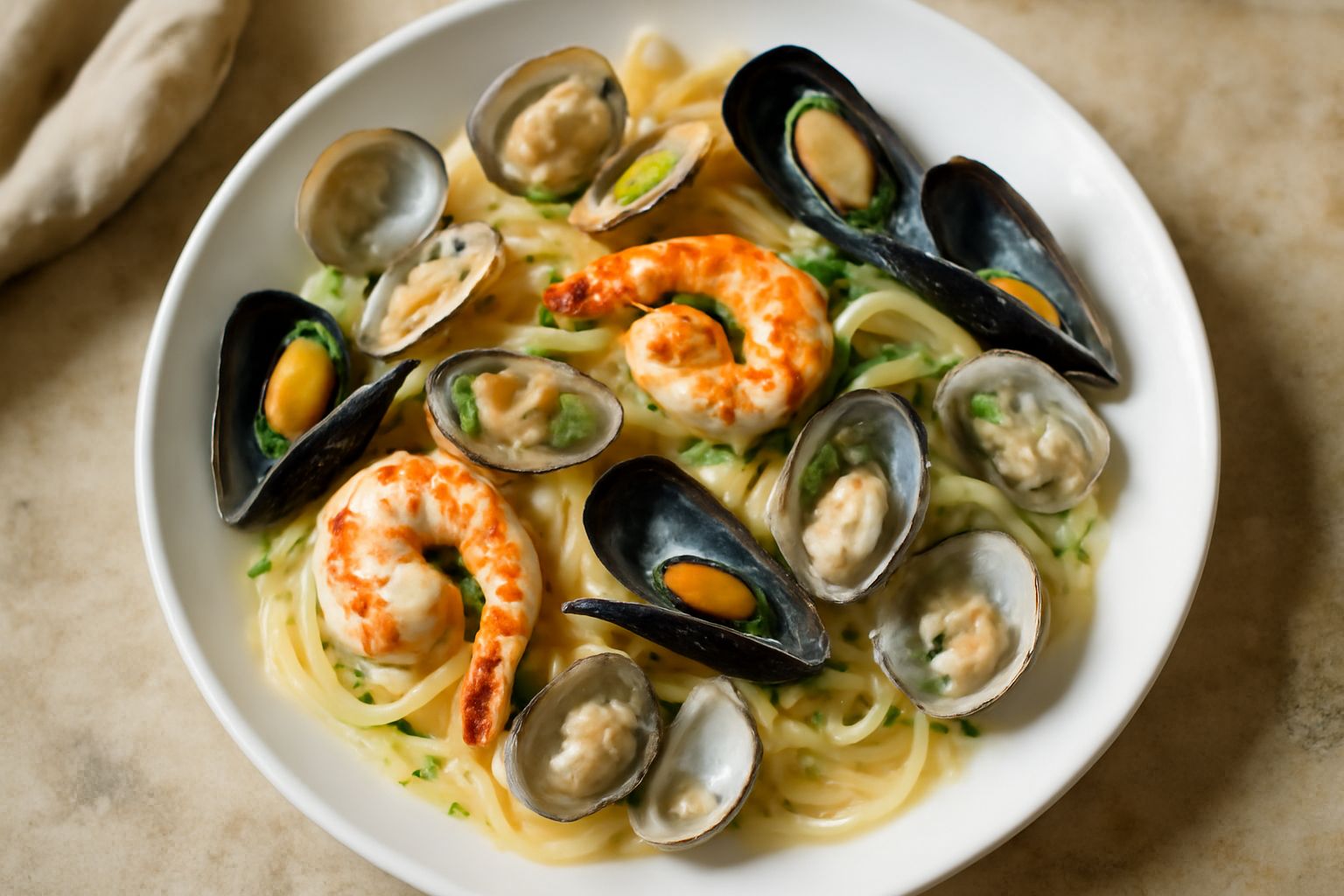 Piatto di pasta ai frutti di mare con vongole aperte, cozze nere, gamberi rosa e prezzemolo fresco su fondo scuro, condita con olio extravergine e aglio