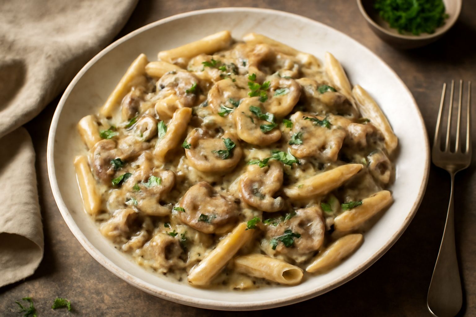 Piatto di pasta alle penne condita con funghi porcini trifolati color marrone dorato, salsa cremosa bianca, prezzemolo verde fresco spolverato, servita in piatto bianco fondo.