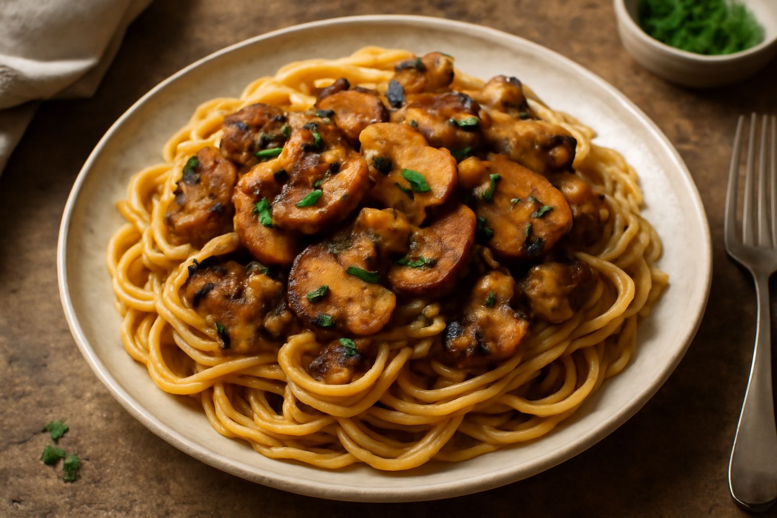 Piatto di ceramica bianca con pasta lunga beige-marrone coperta da funghi tagliati a fette dorate e brunastre, peperoncino rosso sparso, prezzemolo verde fresco, olio lucido in superficie, sfondo sfoc