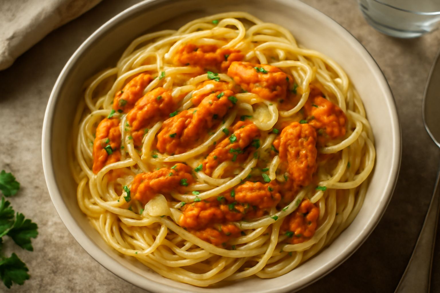 Un piatto di pasta corta gialla legata con corallo arancio di riccio, olio lucente, aglio sottile e prezzemolo verde, su fondo bianco