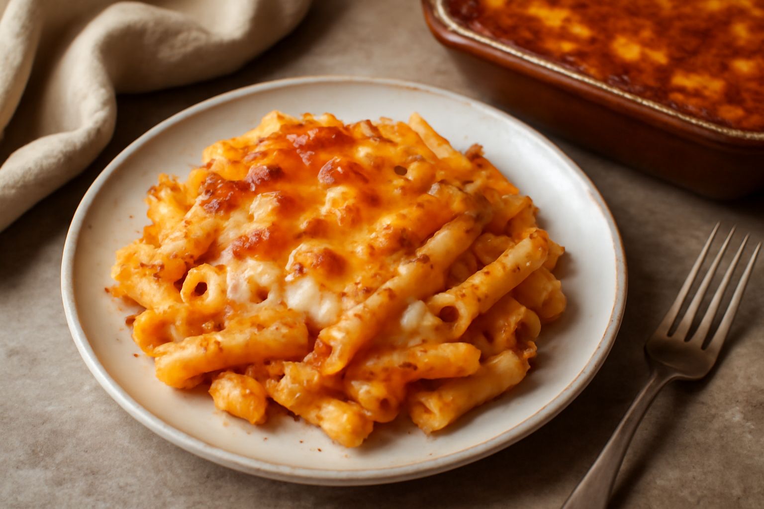 Pirofila di pasta al forno appena sfornata, dorata in superficie, con burro e formaggio gratinati, contorni di pasta visibile dai lati, vapore caldo che esce da un cucchiaio di servizio, porzione serv