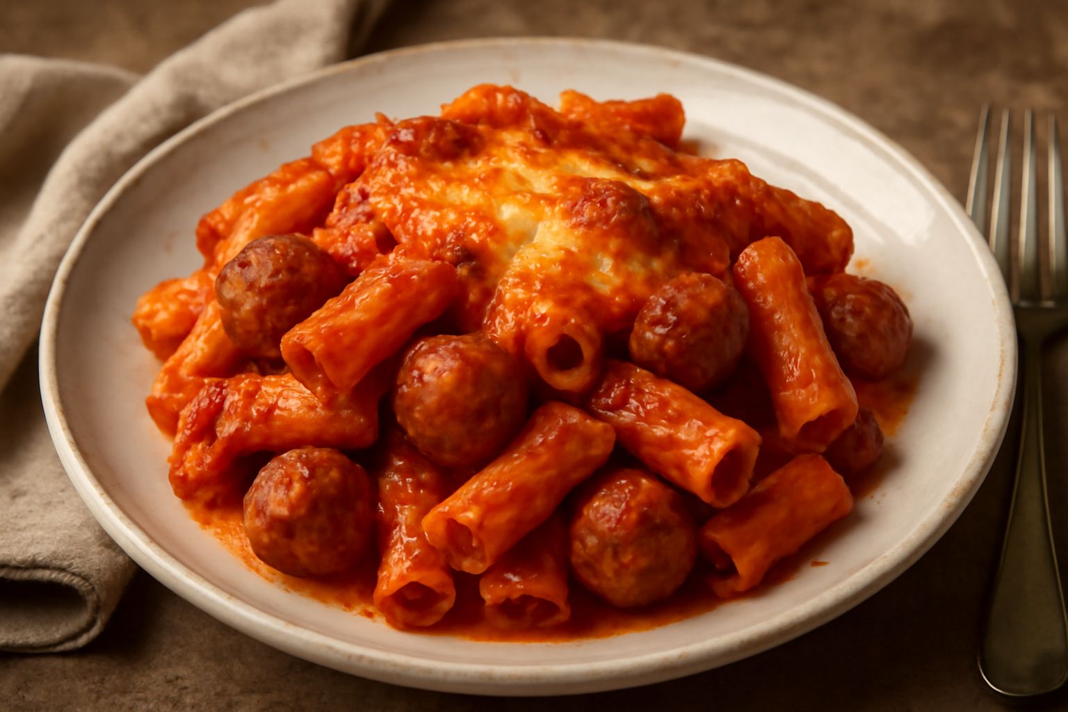 Teglia di pasta al forno fumante appena sfornata, con polpettine visibili tra gli spaghetti rigatoni, coperta di una crosta dorata di formaggio fuso, contornata da prezzemolo verde fresco