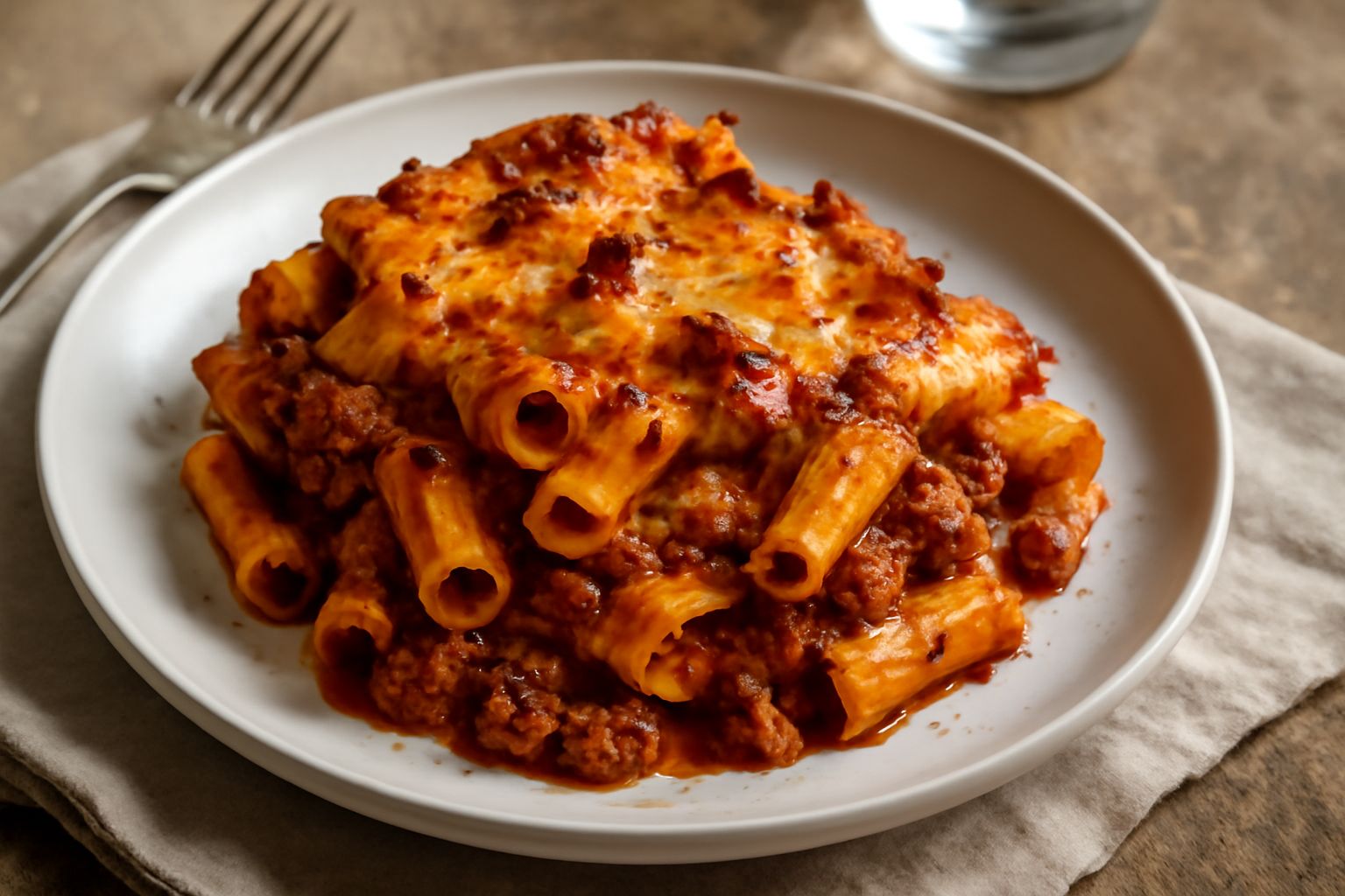 Pasta al forno con ragù in teglia di ceramica, superficie dorata con pasta visibile tra strati di ragù rosso scuro, pepe nero spolverato, piatto pieno e fumante appena tolto dal forno