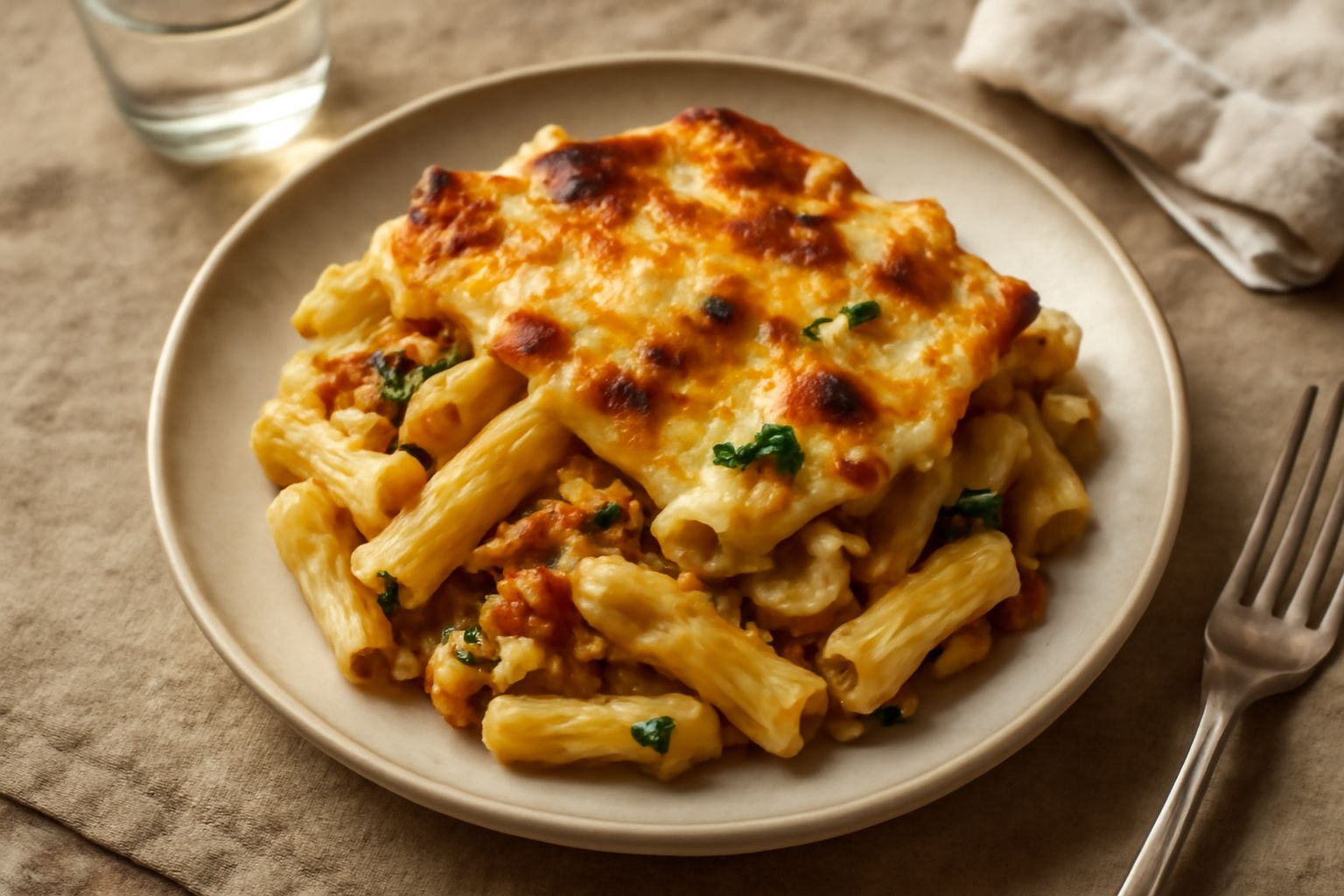 Piatto di pasta al forno dorata in superficie, con formaggio filante, ragù visibile tra gli strati e bordi croccanti, servito in un piatto bianco fondo con contorno di verdure verdi