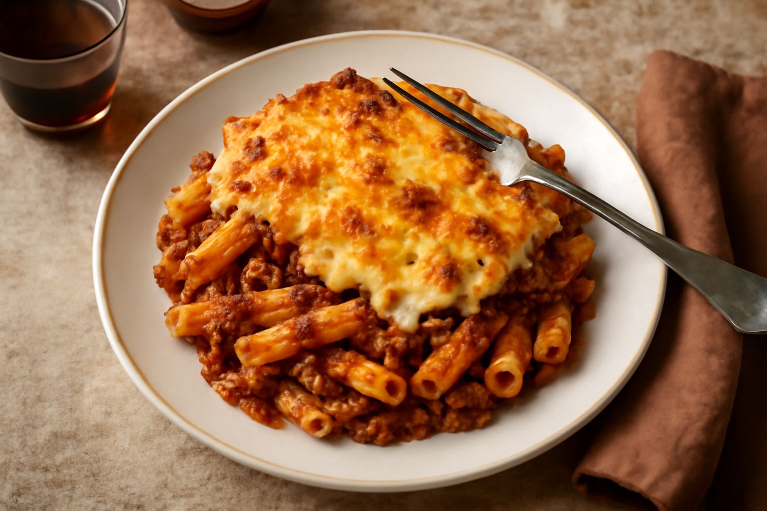 Piatto di pasta al forno servito in un piatto bianco, pasta dorata in superficie con crosta di formaggio gratinato, visibile il ragù rosso e la besciamella cremosa tra i rigatoni, guarnito con prezzem