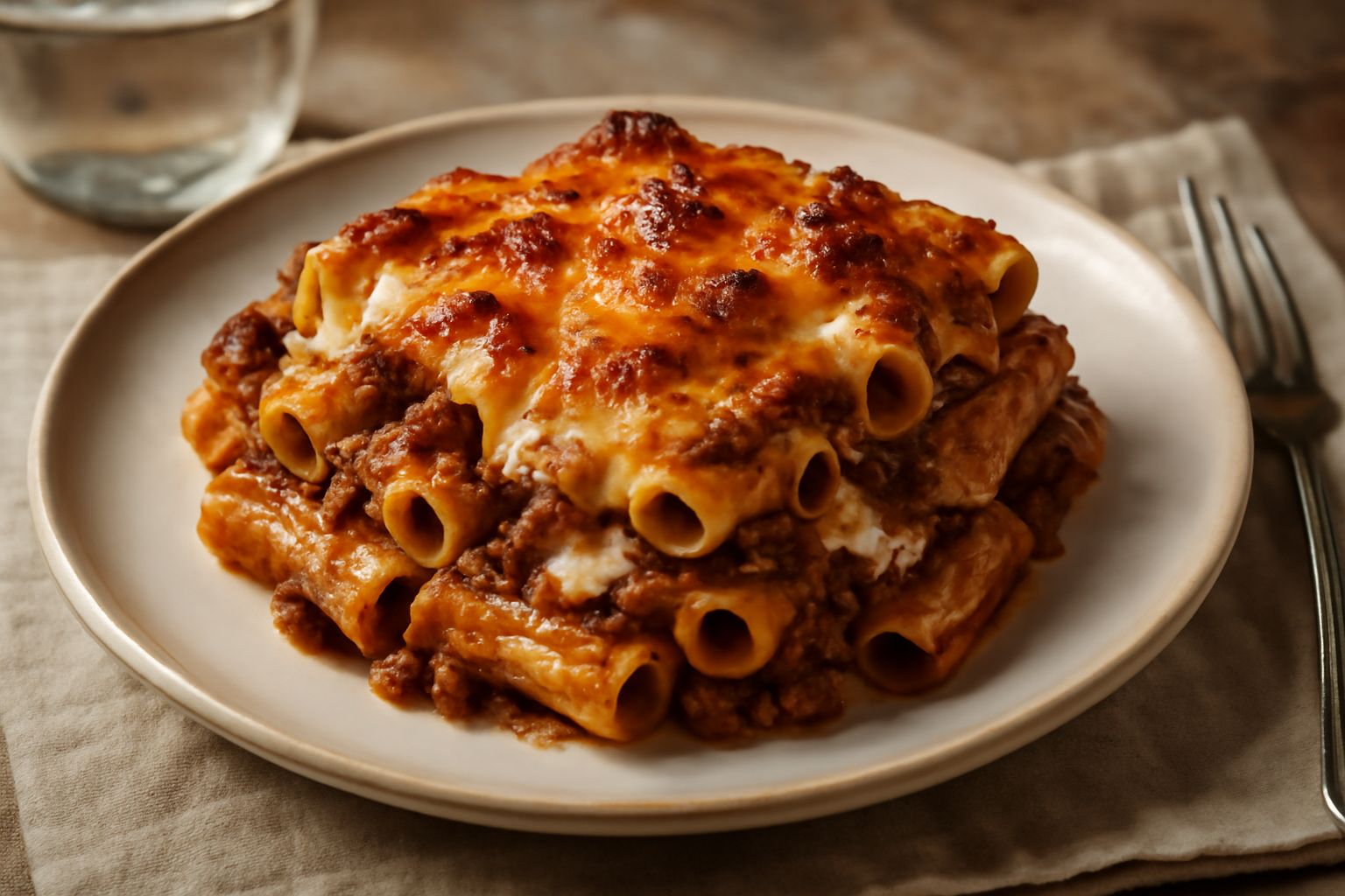 Pasta al forno appena sfornata con crosticina dorata in superficie, ragù rosso scuro visibile fra i tubetti di pasta, besciamella cremosa fra gli strati, piatto in ceramica bianca, forchetta accanto