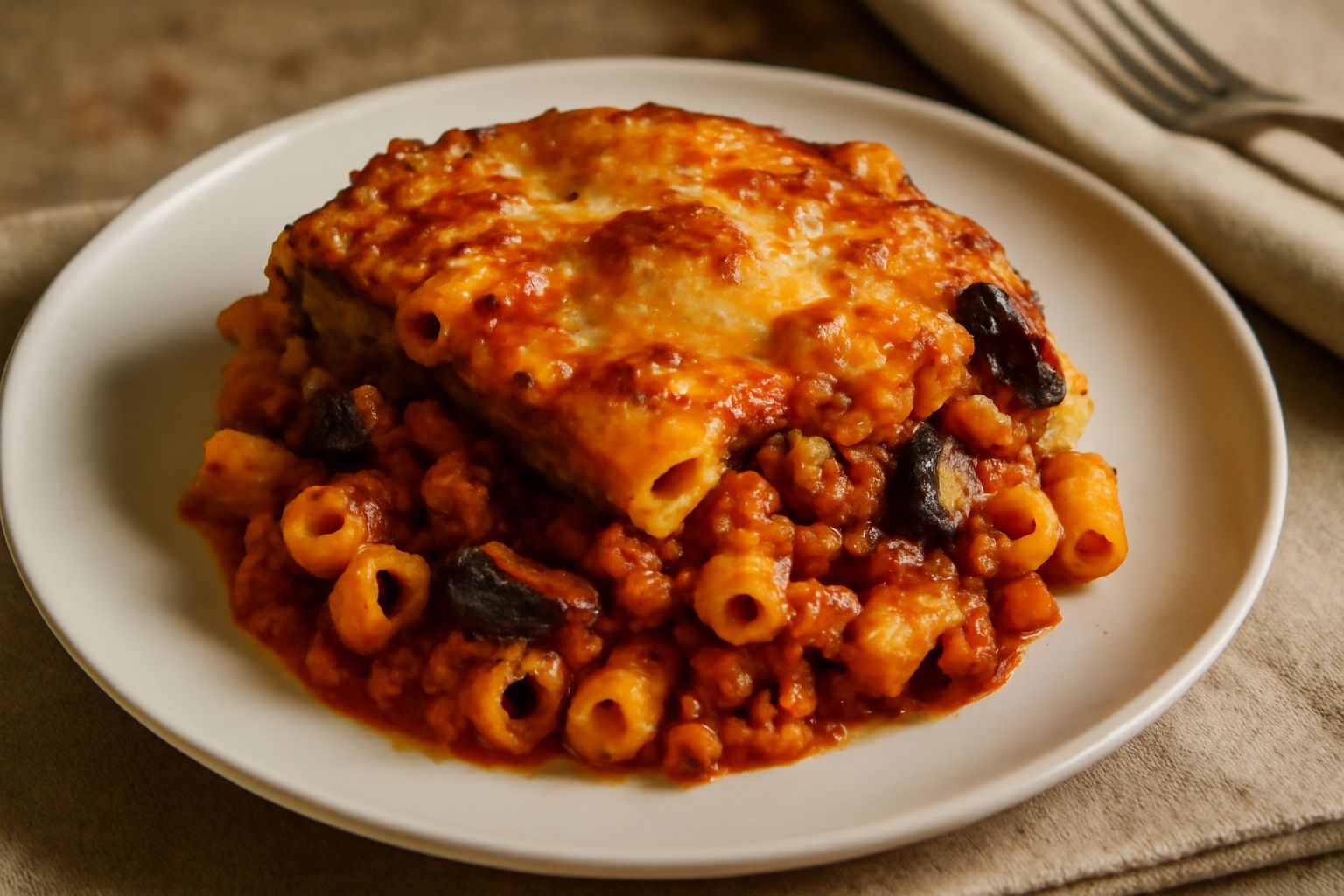 Pasta al forno dorata in superficie, con ragù rosso e melanzane scure visibili fra gli strati, servita nel piatto di ceramica con formaggio gratinato croccante in cima