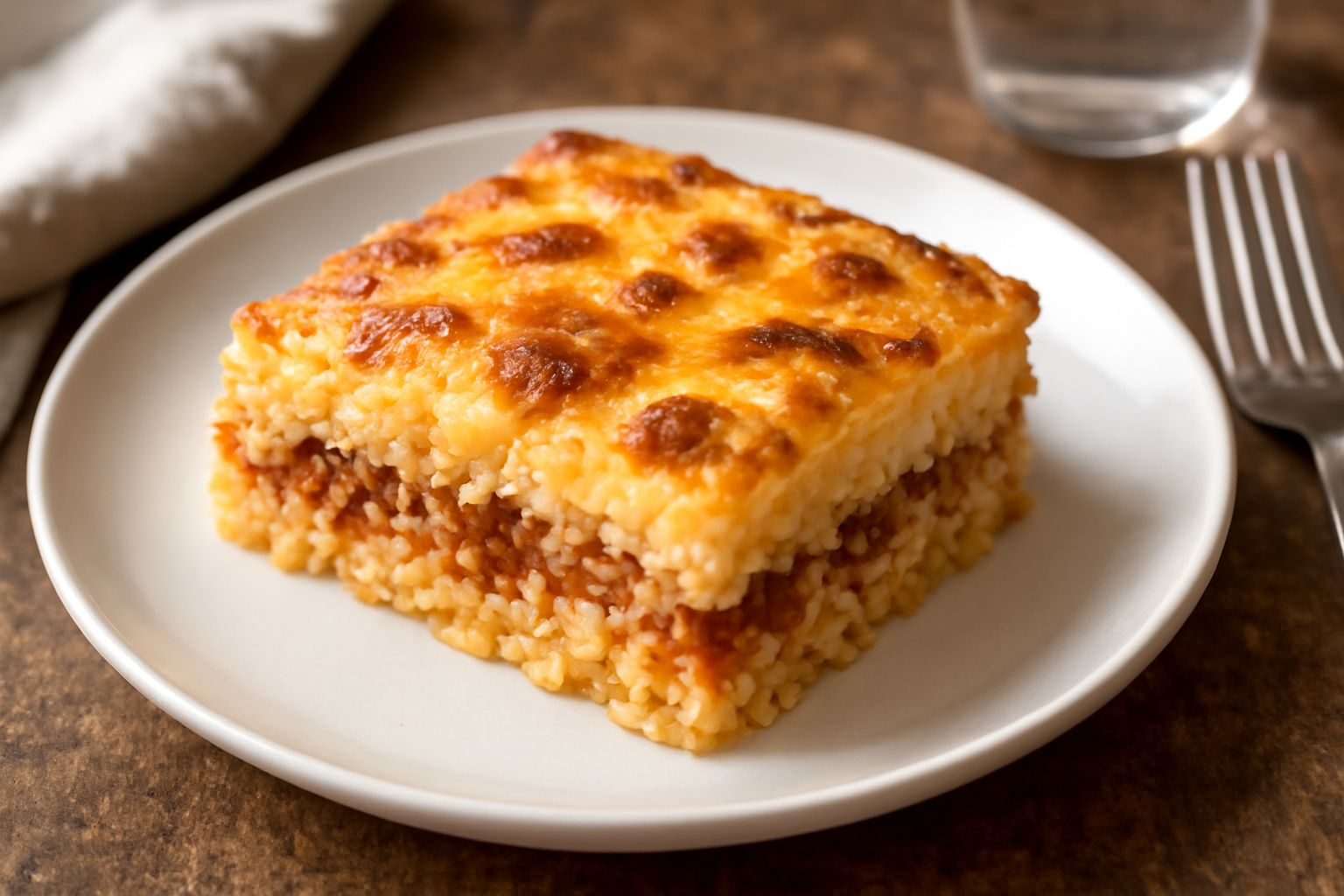 Teglia di pasta al forno di riso dorata in superficie, con ragù marrone visibile tra gli strati, besciamella bianca cremosa, porzionata in un piatto bianco con forchetta