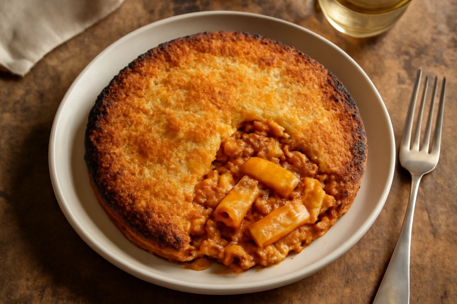 Pirofila di pasta al forno con superficie dorata e croccante, pangrattato colorato marrone-oro su strati di pasta visibili ai bordi, piatto servito in ciotola bianca con cucchiaio di legno