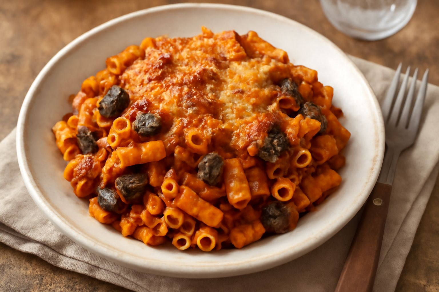 Piatto di pasta al forno leccese servito in un piatto bianco, con superficie dorata e croccante, melanzane viola scure visibili tra la pasta, ragù marrone scuro, formaggio grattugiato color crema spar