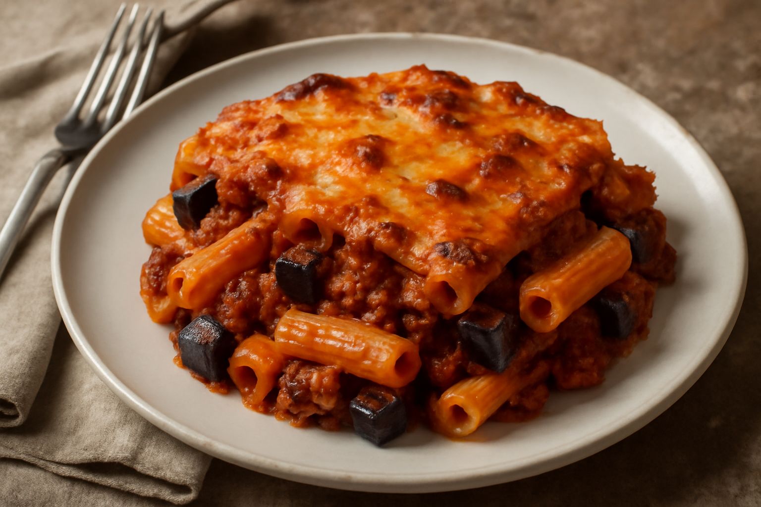 Piatto di pasta al forno messinese appena sfornato, con superficie dorata di formaggio fuso, visibili strati di pasta ripiena di ragù, melanzane fritte e pomodoro, servito in ceramica bianca