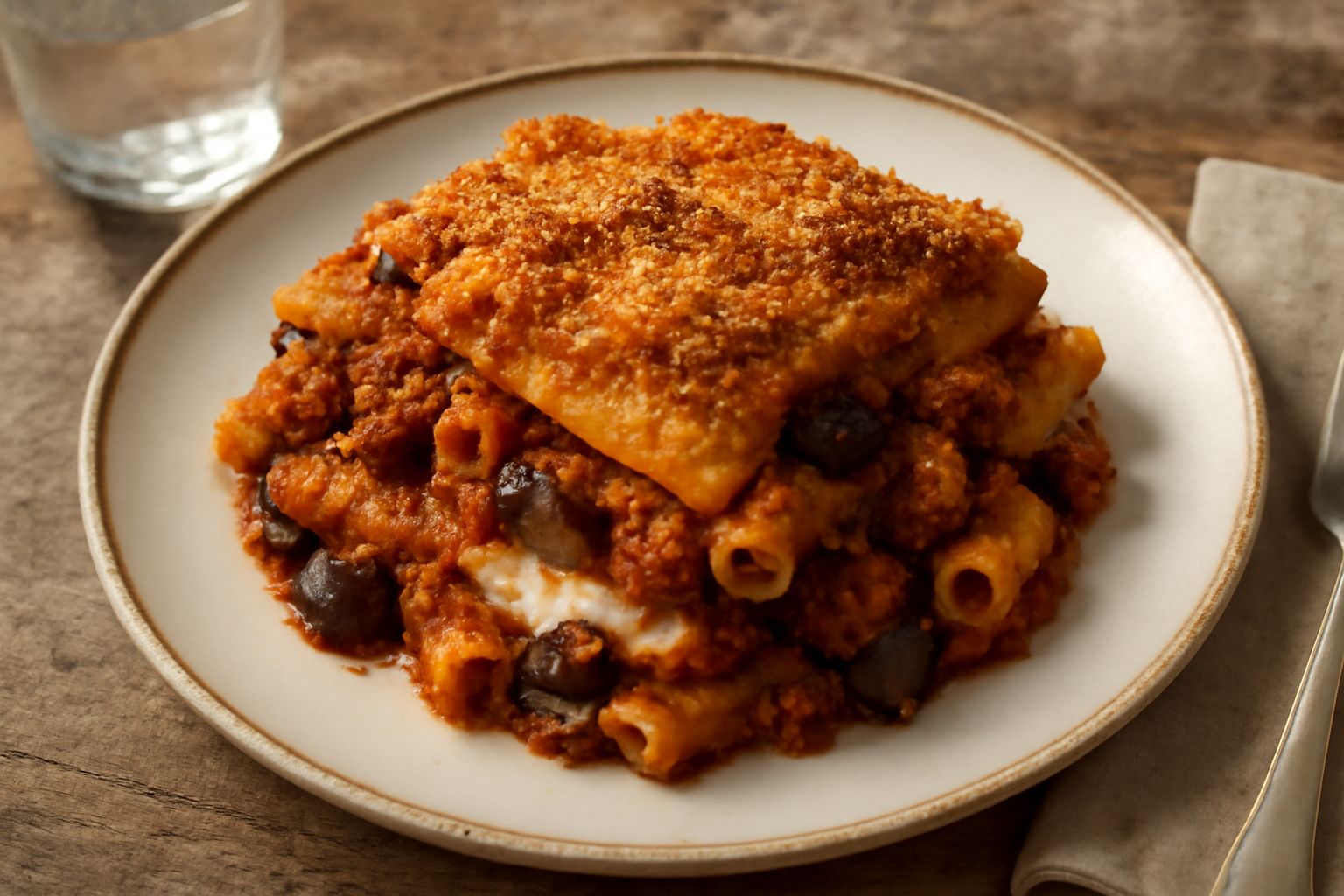 Piatto di pasta al forno siracusana con superficie dorata e gratinata, melanzane visibili tra i tubetti di pasta, ragù rosso scuro e un cucchiaio dentro il piatto fumante