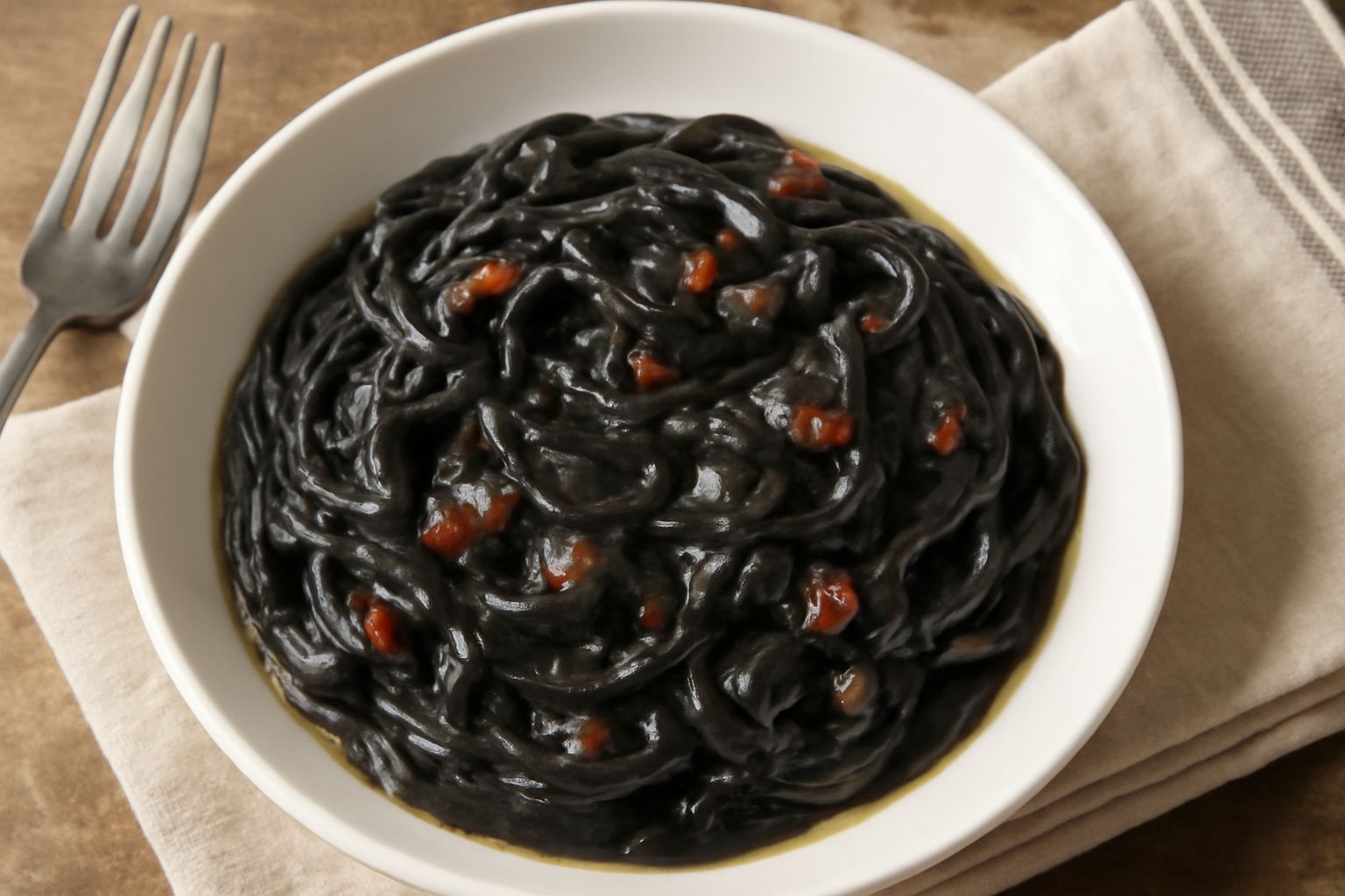Piatto bianco con pasta nera al nero di seppia, cremosa e lucida, guarnita con aglio affettato croccante e peperoncino rosso, filo di olio extravergine in superficie, su tavolo di legno toscano