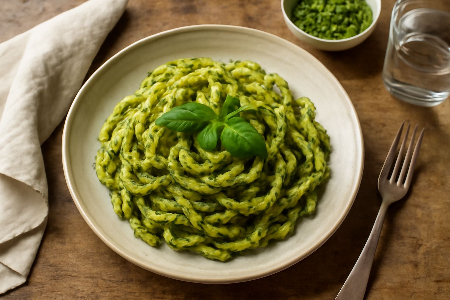 Piatto di pasta con pesto verde brillante, decorato con una foglia di basilico fresco, pinoli tostati visibili e gocce di olio d'oliva