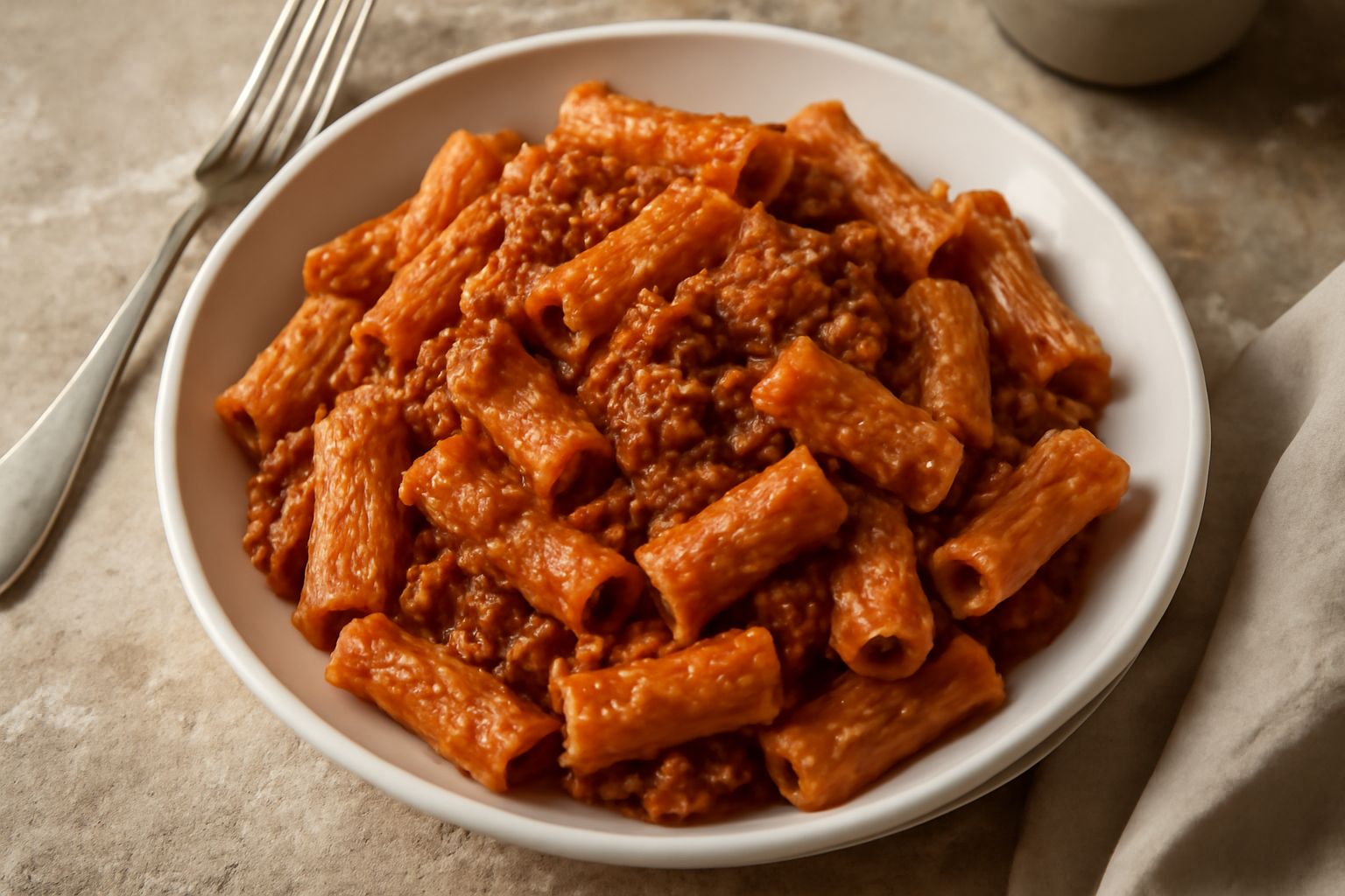 Piatto di pasta rigatoni ricoperta di ragù barese marrone e rosso, con melanzane fritte su un lato e formaggio grattugiato in cima, su fondo bianco