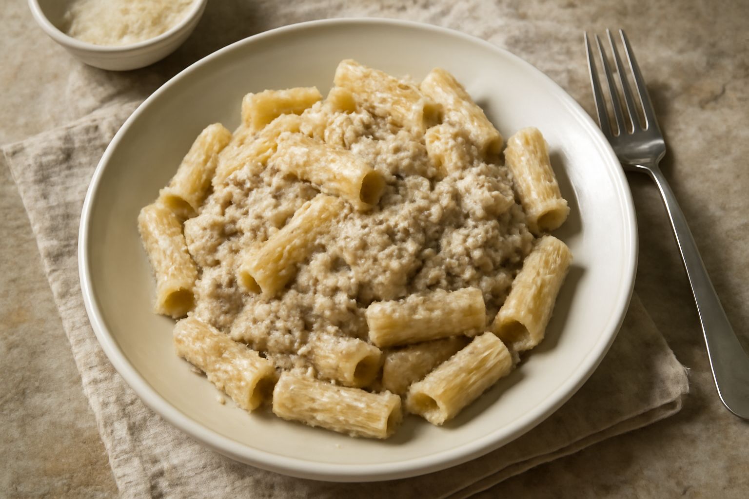 Piatto di pasta al ragù bianco servito su ceramica bianca, con pasta ondulata coperta di ragù beige-cremoso, guarnito con parmigiano grattugiato bianco e un filo di pepe nero macinato fresco