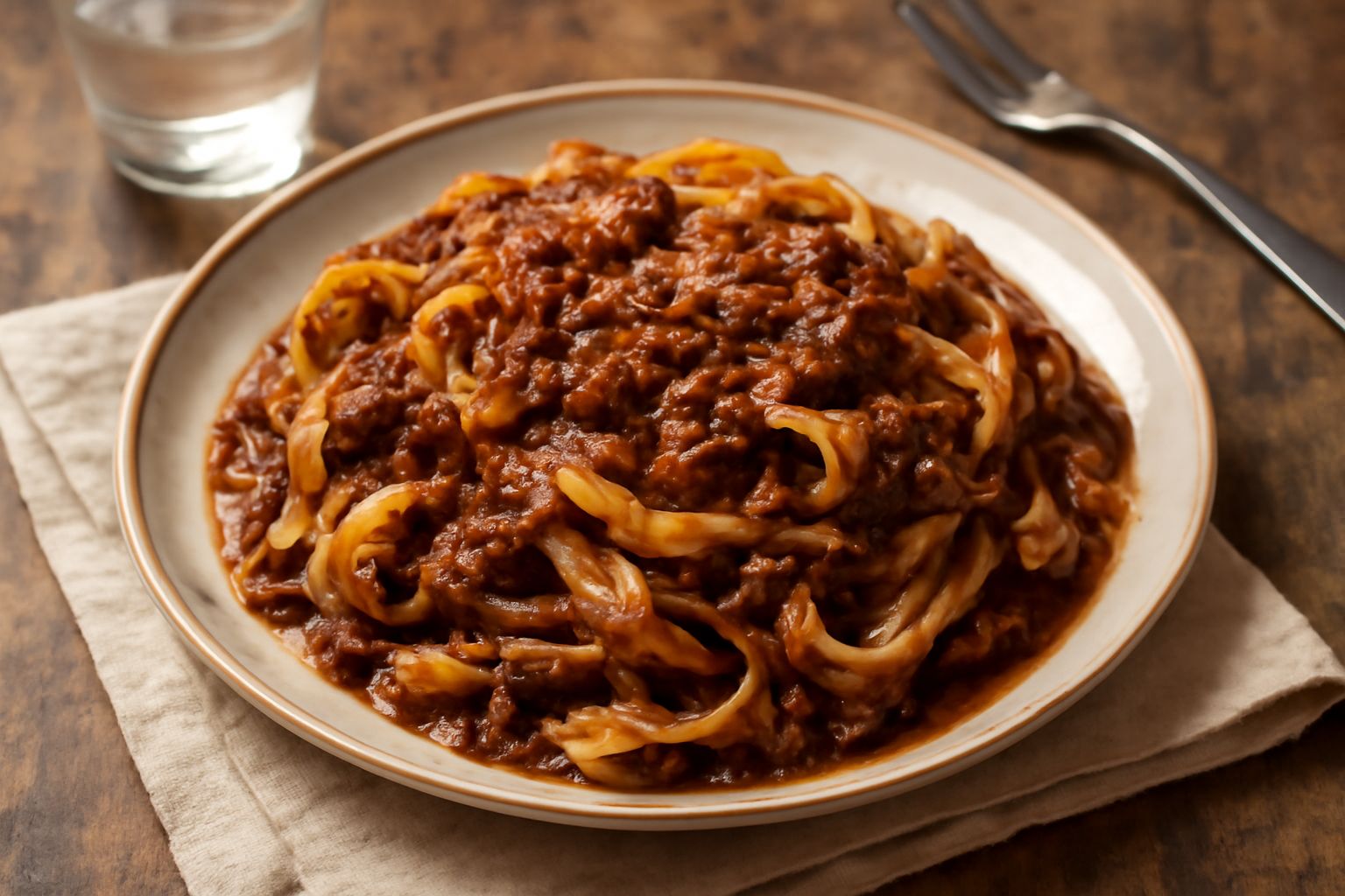 Piatto di pasta lunga rivestita di ragù scuro e denso, con frammenti visibili di carne e verdure ammorbidite, spolverata di pecorino grattugiato bianco, servita in piatto bianco fondo con cucchiaio di