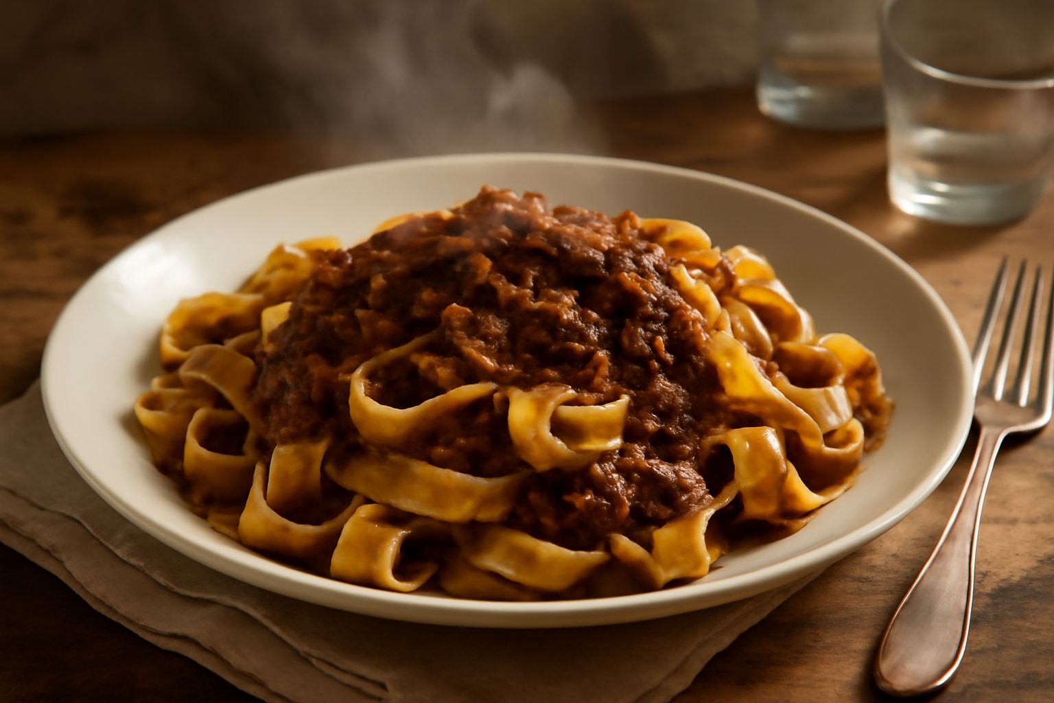 Piatto bianco con pasta fresca riccioluta ricoperta di ragù scuro e denso di anatra, guarnito con basilico fresco e parmigiano grattugiato, su fondo di legno chiaro
