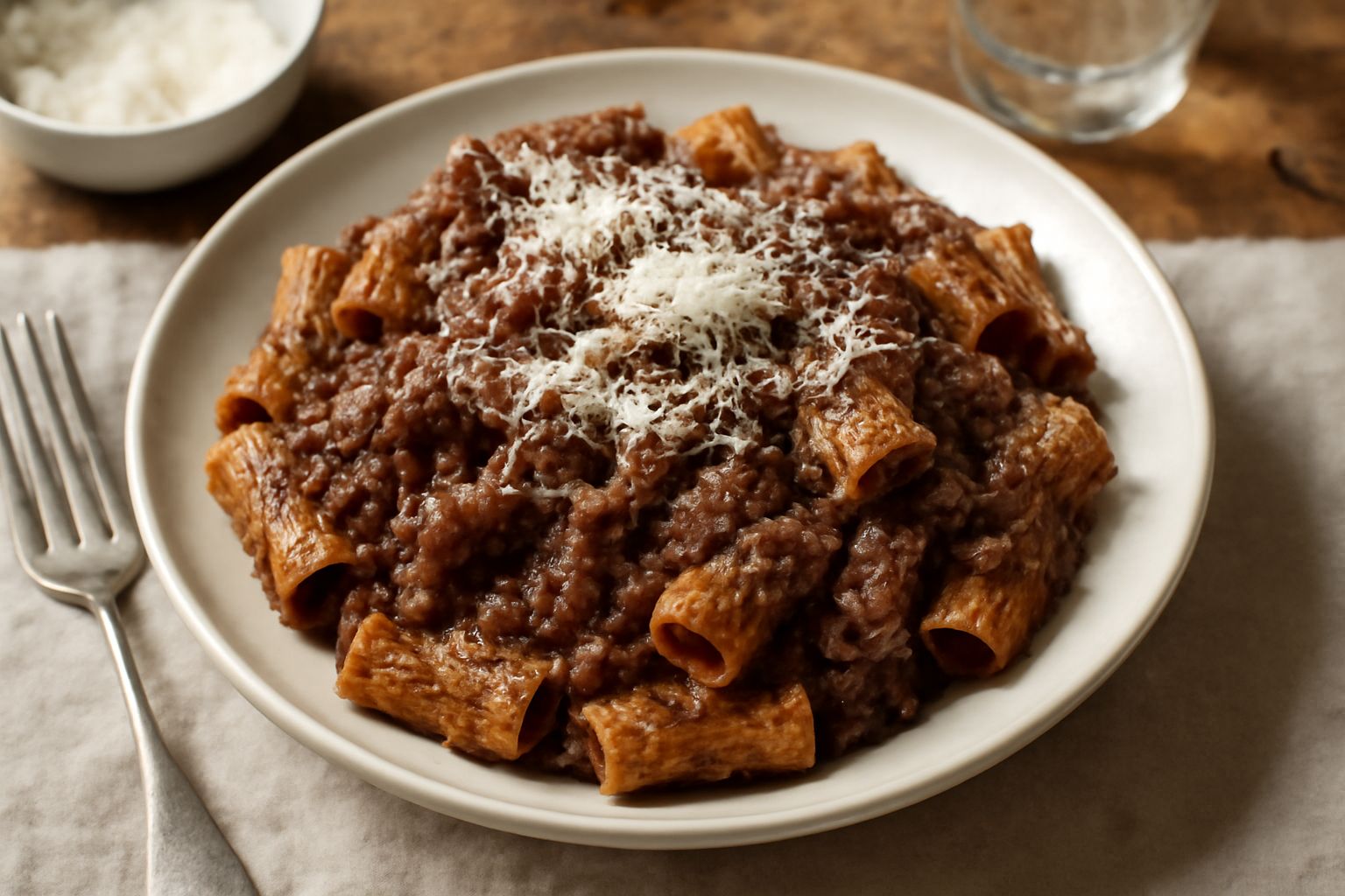 Piatto di pasta pappardelle ricoperta di ragù di cervo marrone scuro, guarnito con parmigiano reggiano grattugiato bianco e una foglia di prezzemolo fresco, su fondo bianco