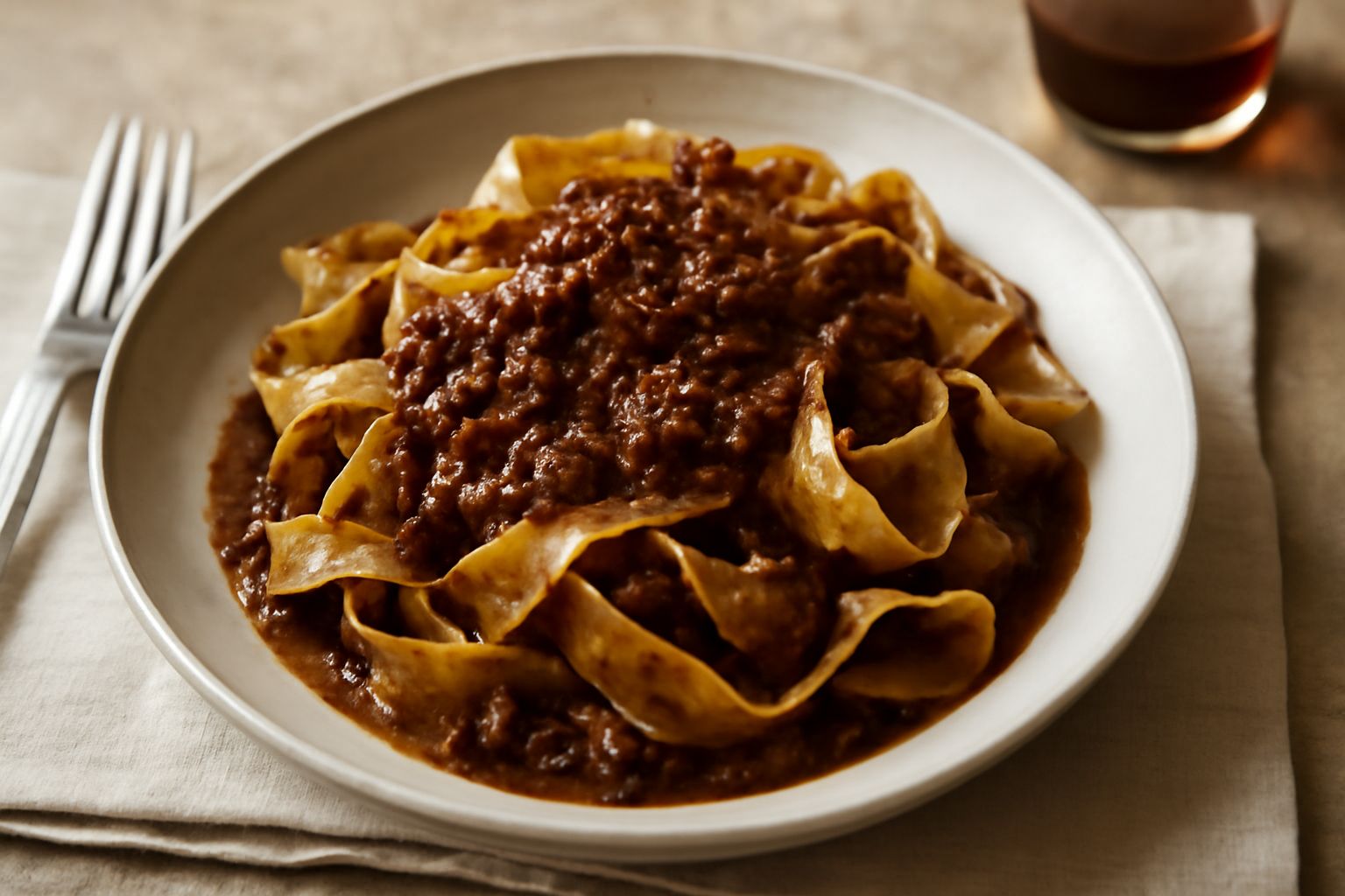Piatto di pasta fresca al ragù di cinta senese, condimento marrone scuro e denso che avvolge gli spaghetti, grattugiata di parmigiano reggiano bianca in superficie, contorno bianco opaco del piatto ro