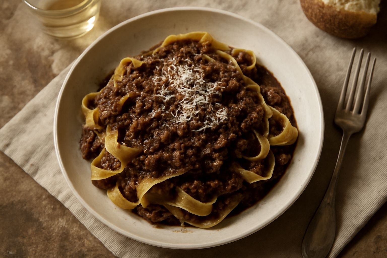 Piatto di pasta al ragù di selvaggina: tagliatelle dorate condite con ragù scuro e denso, guarnite con pecorino grattugiato bianco, su piatto bianco fondo, con cucchiaio di legno accanto