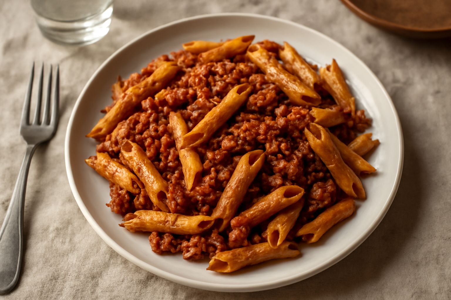 Piatto di pasta al ragù fredda con rigatoni o penne, ragù rosso-marrone a vista, scaglie di parmigiano grattugiato fresco e basilico verde, servito su piatto bianco