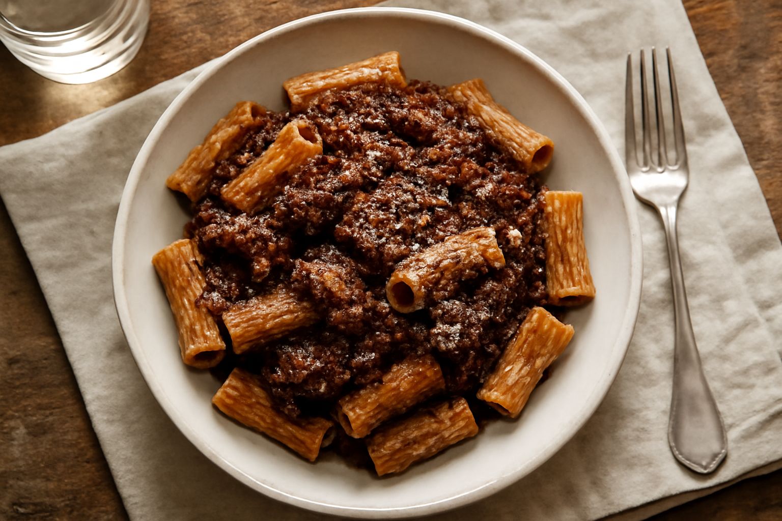 Piatto di pasta rigatoni ricoperta di ragù modicano scuro e denso, guarnito con pecorino romano grattugiato bianco, presentato su piatto bianco fondo, pepe nero visibile