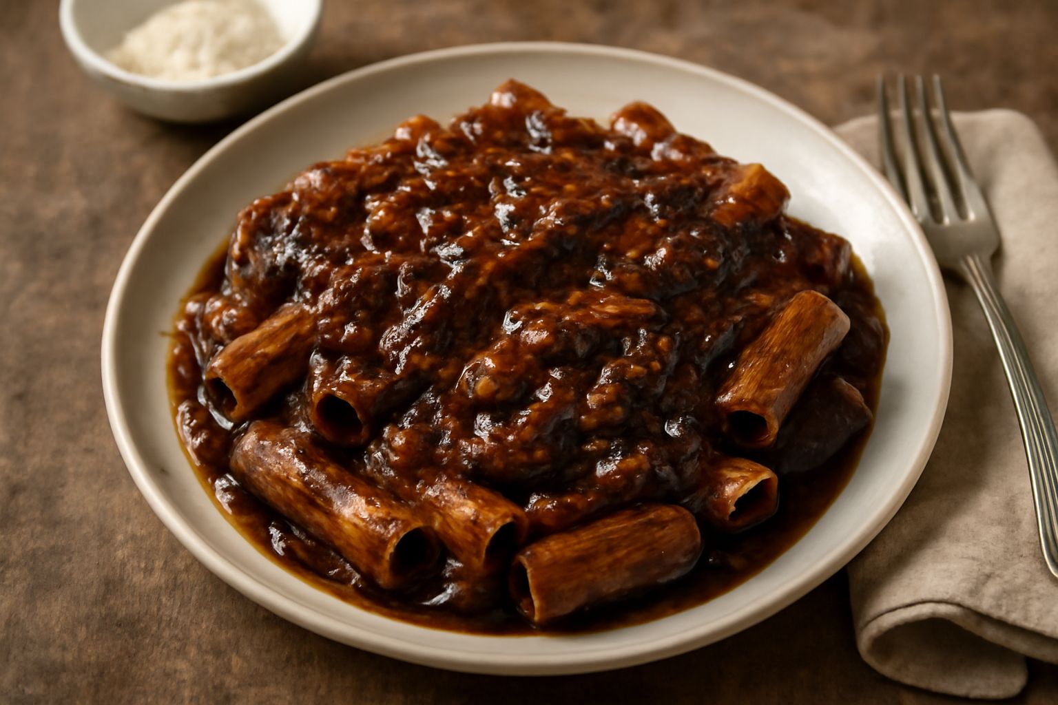 Un piatto bianco con spaghetti ricoperti di ragù marrone scuro e denso, guarnito con un rametto di basilico fresco e una spolverata di parmigiano, accanto a un cucchiaio di legno su un tovagliolo di l